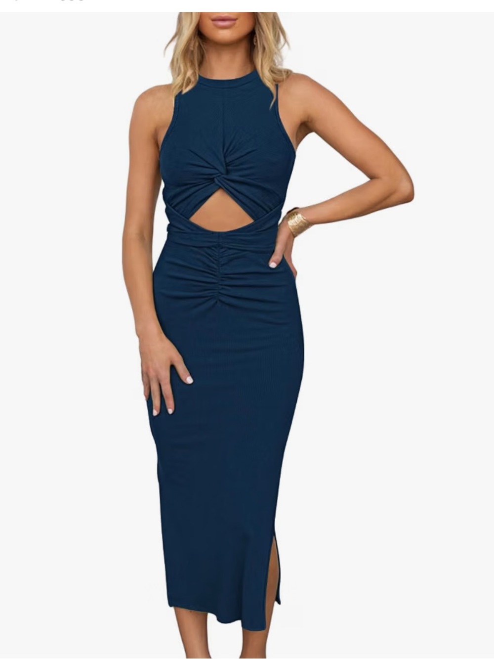 Navy sleeveless twist cut-out bodycon midi dress - Picture 1 of 5